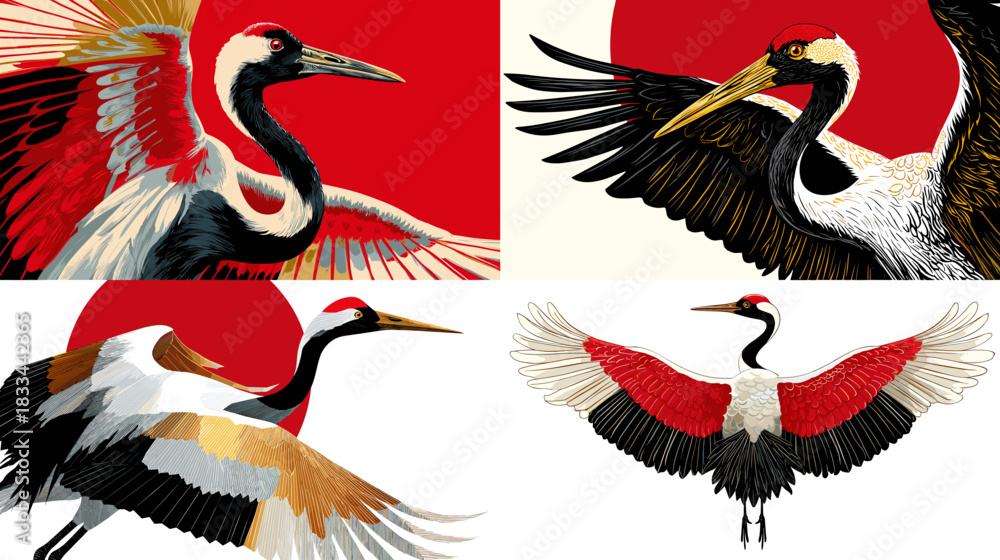 Obraz premium Striking crane bird illustrations with outstretched wings set against a bold red sun. Elegant Japanese inspired artwork ideal for cultural prints posters and decorative design themes.