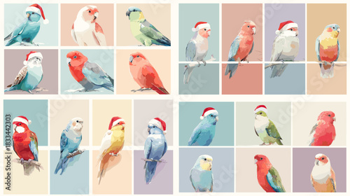 Watercolor illustration of colorful birds perched on branches wearing festive Santa hats. Cute holiday themed artwork ideal for Christmas cards prints patterns and seasonal designs.