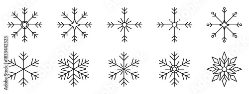 Snowflake line art icon set featuring ten distinct winter crystal designs for Christmas decoration, seasonal graphics, greeting cards, patterns and festive visuals. Snow flakes for winter and Xmas