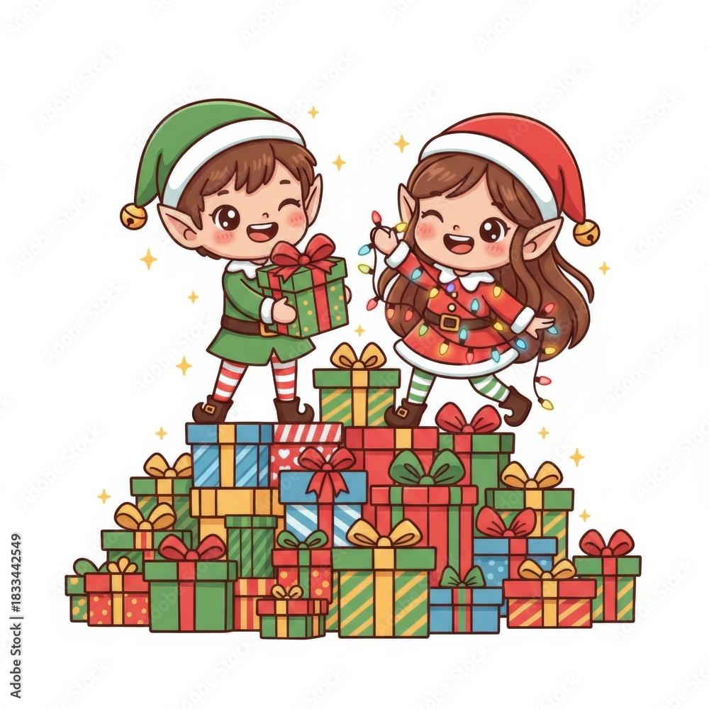 Naklejka premium Happy christmas elves delivering and decorating presents on a mountain of gifts, celebrating winter holidays and spreading joy with a festive cartoon illustration