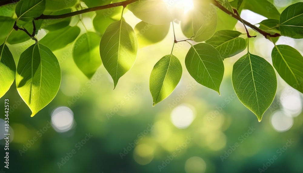 Obraz premium a close up view of green leaves hanging from a branch with sunlight streaming through in the background creating a refreshing atmosphere