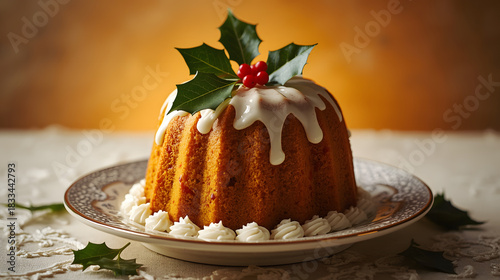 A traditional Christmas pudding adorned with a sprig of fresh green holly, set against a warm and inviting background, with the pudding's golden brown color and decorative white icing taking center 