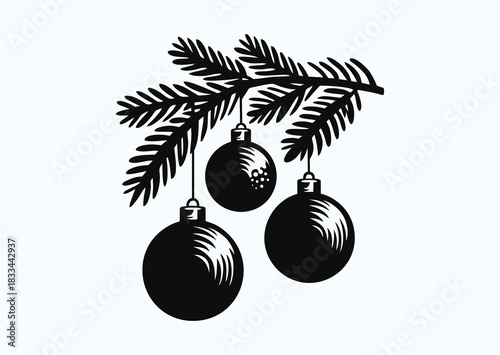 Christmas tree branch with spherical New Year decorations