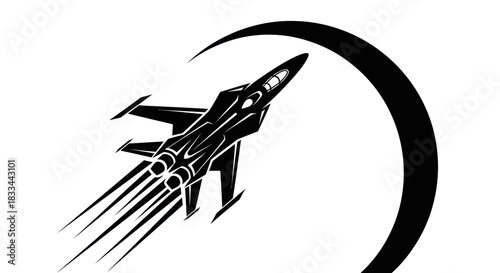 Modern Jet Fighter Aircraft Soaring Through a Stylized Crescent Moon Arc.