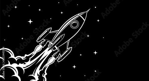 Rocket ship soaring through the dark night sky with stars.