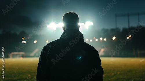 A football coach silhouettes during a match on a football field from the stadium with his back to the camera