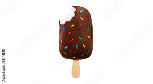 Chocolate ice cream bar with colorful sprinkles and a bite taken out