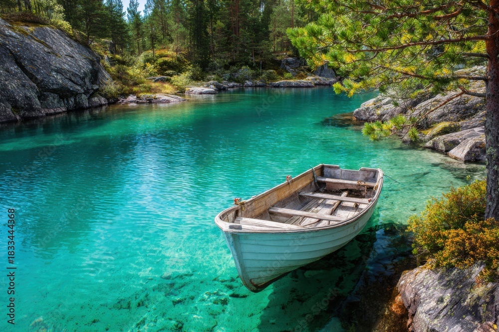 Obraz premium Idyllic Boat on Pristine Lake in Forest Landscape