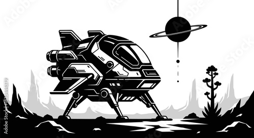 Futuristic Spaceship Landing on Alien Planet Surface.
