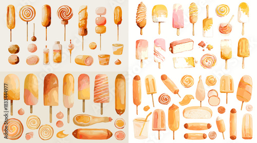 Watercolor collection of ice cream popsicles and sweet treats in warm pastel tones perfect for summer design dessert themes packaging and playful creative artwork.