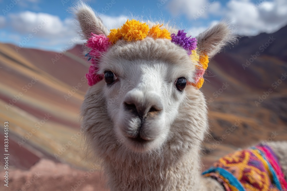 Obraz premium Llama with Colorful Flowers in the Andes