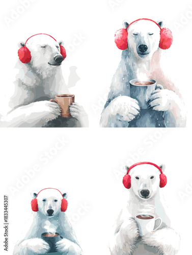 Cute watercolor polar bears wearing red earmuffs and holding warm drinks ideal for winter design holiday cards cozy seasonal artwork and playful creative illustrations.