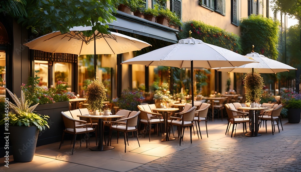 Fototapeta premium cozy cafe terrace an inviting cafe terrace shaded by umbrellas adorned with vibrant plants and bathed in the soft glow of the evening