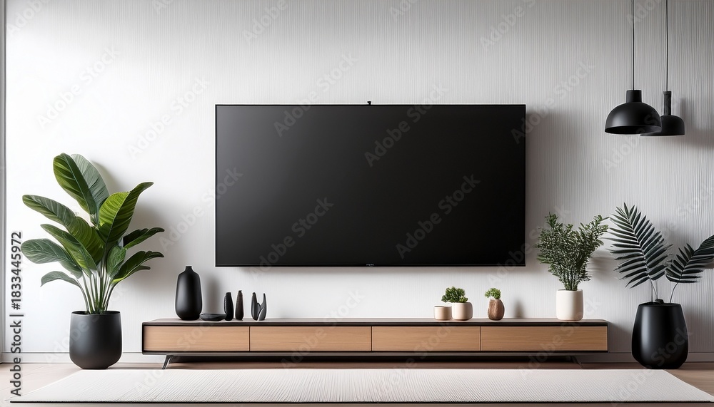 Fototapeta premium mockup white wall background modern living room decor with a tv cabinet and plants mock up white wall and a black flat screen television