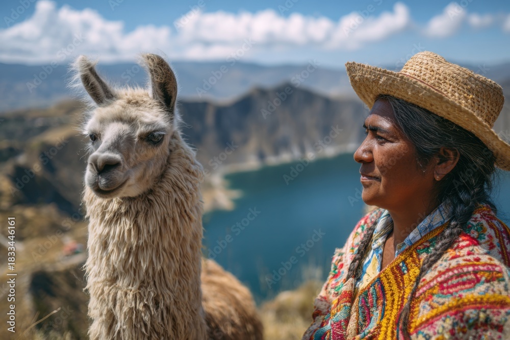 Fototapeta premium Llama and Local Woman Overlooking Scenic Andes