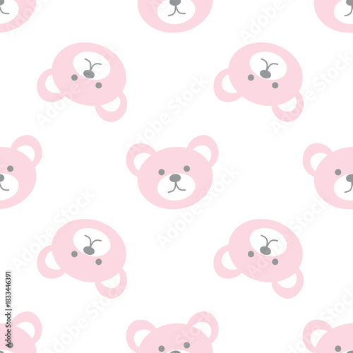 Baby bear face seamless pattern, pink. Cute baby bear background, nursery. Teddy face toddler pattern, pastel tile