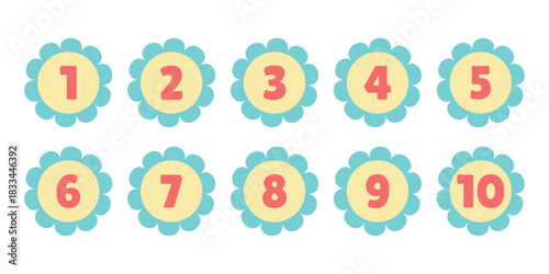 Numbered award places stickers. Prize number badges, children reward set. Reward spot stickers, 1 to 10 vector set