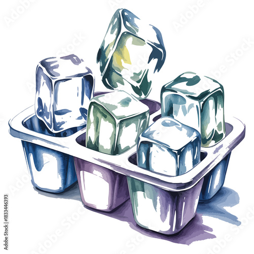 A close up watercolor illustration of a vintage plastic ice cube tray filled with glistening melting cubes of clear ice on a white background