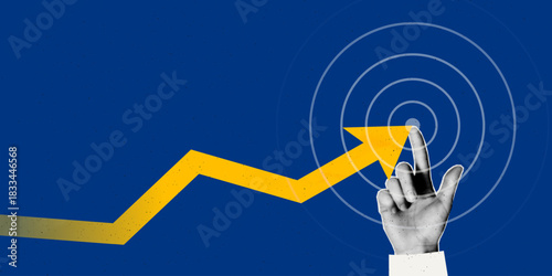 Achieve business goal and financial success. Halftone cut out hand pointing at dartboard target, strong growth strategy concept. Modern retro art collage vector illustration with rising arrow chart