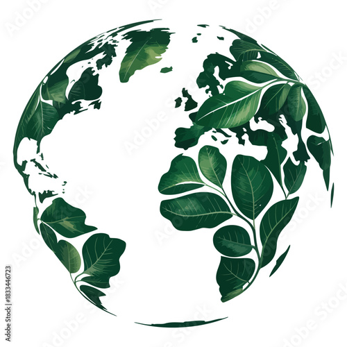 Artistic watercolor depiction of planet earth adorned with lush green leaves symbolizing nature and environmental preservation