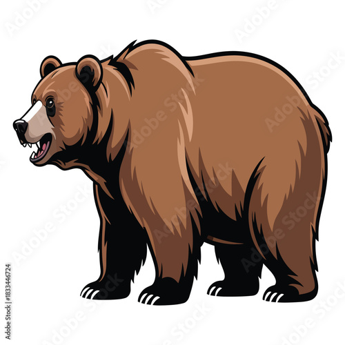 A powerful grizzly bear stands alert with its mouth open showcasing sharp teeth and a fierce expression ready for action in its natural habitat