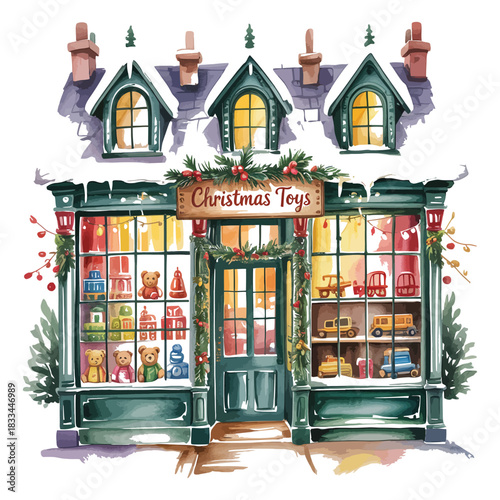 Charming watercolor illustration of a cozy christmas shop with festive decorations and warmly lit windows on a snowy day
