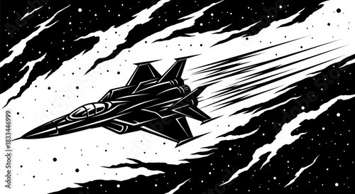 Monochrome Jet Fighter Soaring Through Space.