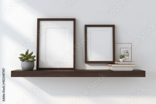 Minimalist Shelf with Picture Frames and Succulents