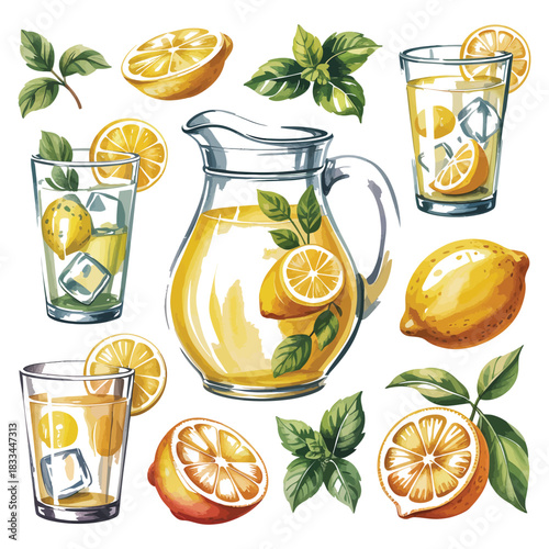 Refreshing watercolor illustration of a lemonade pitcher and glasses surrounded by fresh lemons and mint leaves perfect for summer drinks and beverages