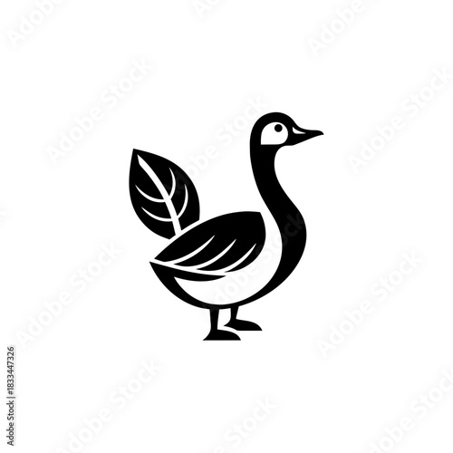 Stylized black duck with leaf element on transparent background silhouette