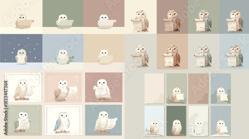 Adorable pastel owl illustrations featuring gentle poses and cozy backgrounds perfect for nursery design children's decor greeting cards and charming whimsical artwork.