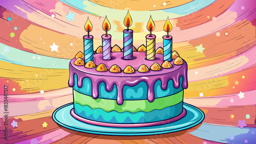 Very beautiful birthday cake with lit candles against a soft pastel background, presenting clean tones, gentle highlights, and a sweet celebratory atmosphere perfect for stock-ready design.