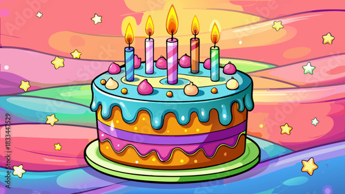 Very beautiful birthday cake with lit candles against a soft pastel background, presenting clean tones, gentle highlights, and a sweet celebratory atmosphere perfect for stock-ready design.