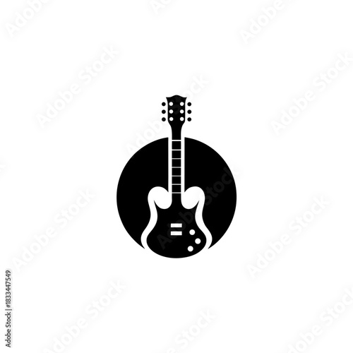 Guitar silhouette in circular frame on transparent background