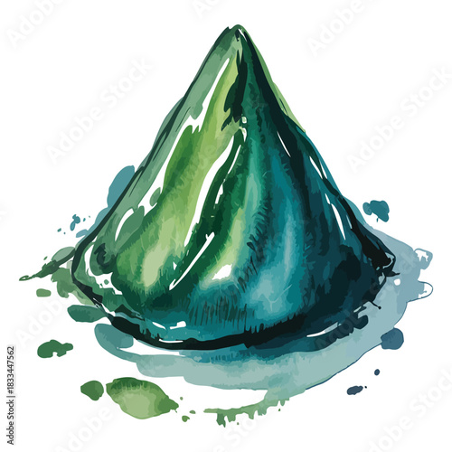 Vibrant emerald green gelatinous substance artfully rendered in watercolor with splashes of color