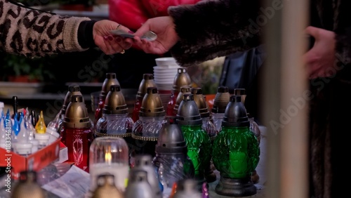 Glass Votive Candle Lanterns Sold at Outdoor Market Stand by Christian Catholic Cemetery on All Saint Day