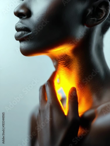 Highlighted Throat Pain Area on a Woman’s Neck Showing Inflammation Visualization