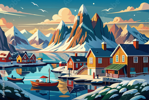 Charming afternoon scene of Sakrisoy village, Norway, Europe. Great snowy winter view of the Lofoten Islands. Beautiful view of the Norwegian Sea. untouched.