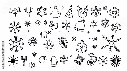 Hand-drawn doodle animation with alpha channel on transparent background featuring snowflakes, hats, stars, ornaments and cozy winter holiday elements.