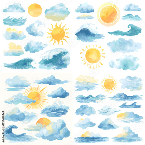Watercolor illustrations of suns clouds and ocean waves with bright blue and yellow tones ideal for weather design summer themes nature artwork and creative decorative projects.