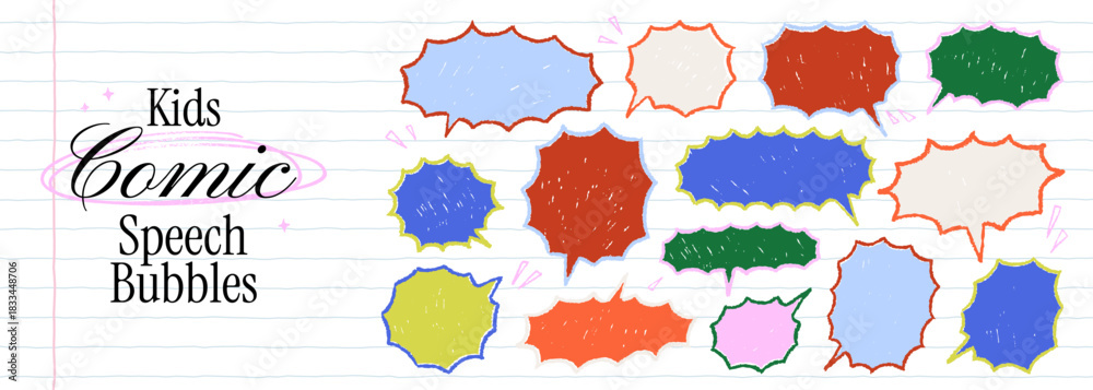 Fototapeta premium Kids comic speech bubbles with bold crayon outlines. Colorful star shaped forms. Hand drawn chalk silhouette elements for text. Vector empty text box frames. Cute pencil charcoal funky figures.