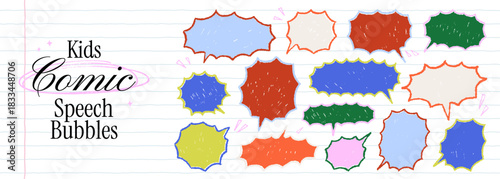 Kids comic speech bubbles with bold crayon outlines. Colorful star shaped forms. Hand drawn chalk silhouette elements for text. Vector empty text box frames. Cute pencil charcoal funky figures.