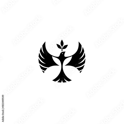 Stylized bird holding leaves in beak on transparent background silhouette