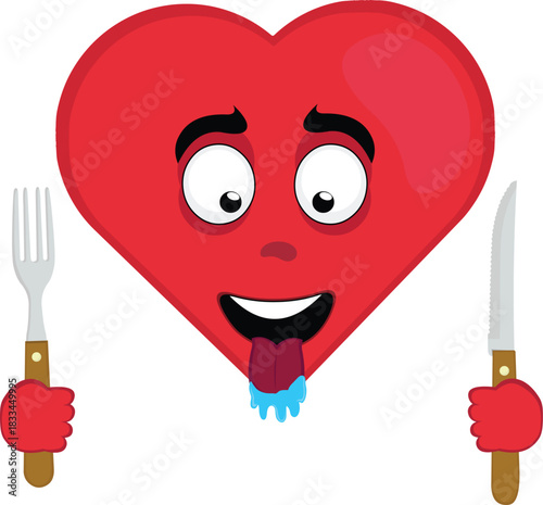 vector illustration emoticon character heart cartoon, with a hungry expression, tongue sticking out with drool saliva, a knife and fork in his hands