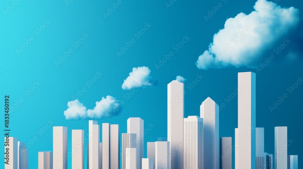 Fototapeta premium Minimalist White Cityscape with Clouds on Blue, Architecture, Urban design