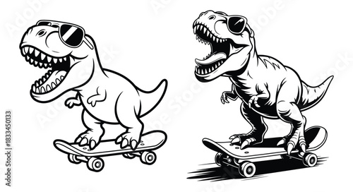 Dinosaurs riding skateboards in a fun and energetic outline, Extreme Sports Cool Dinosaur Coloring, T Rex dinosaurs are depicted on skateboards wearing sunglasses, Vector illustration