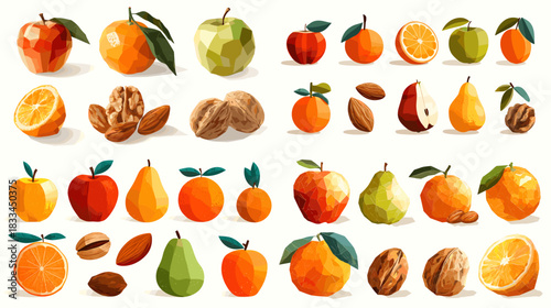 Colorful illustration of assorted fruits and nuts including apples pears oranges and walnuts in warm tones ideal for food design packaging natural products and healthy themed visuals.