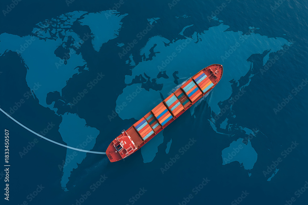 Obraz premium Aerial view of a large cargo container ship sailing across the ocean with a world map overlay illustrating global maritime transport routes and international trade movement 
