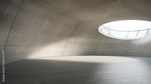 Vast, Empty Concrete Hallway with a Circular Skylight Illuminating the Floor