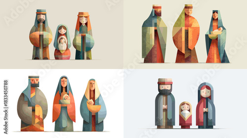 Artistic illustration of nativity figures with geometric shapes and warm colors depicting a traditional Christmas scene ideal for holiday design decor and religious themed artwork.